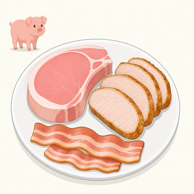 pork（豚肉・名詞）の覚え方イラスト — pork は「豚そのもの」ではなく、食べる肉としての「豚肉」を指すと押さえると覚えやすいです