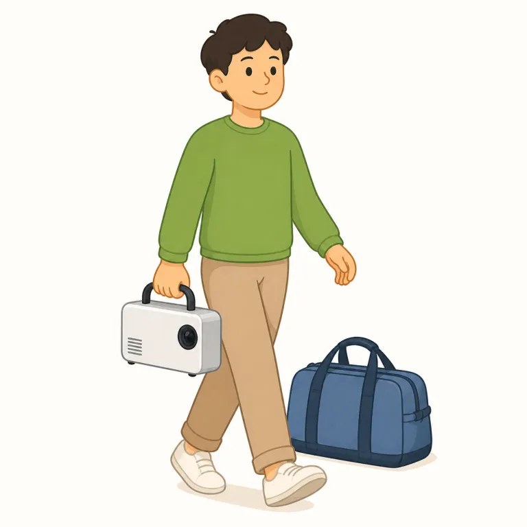 portable（持ち運びできる、携帯用の・形容詞）の覚え方イラスト — portable は「持ち運んで使う」場面で覚えると定着しやすい
