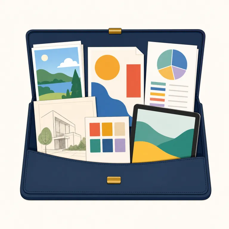portfolio（ポートフォリオ・名詞）の覚え方イラスト — このエントリの `portfolio` は、英語をそのまま借りた「ポートフォリオ」という専門寄りの言い方として覚えます