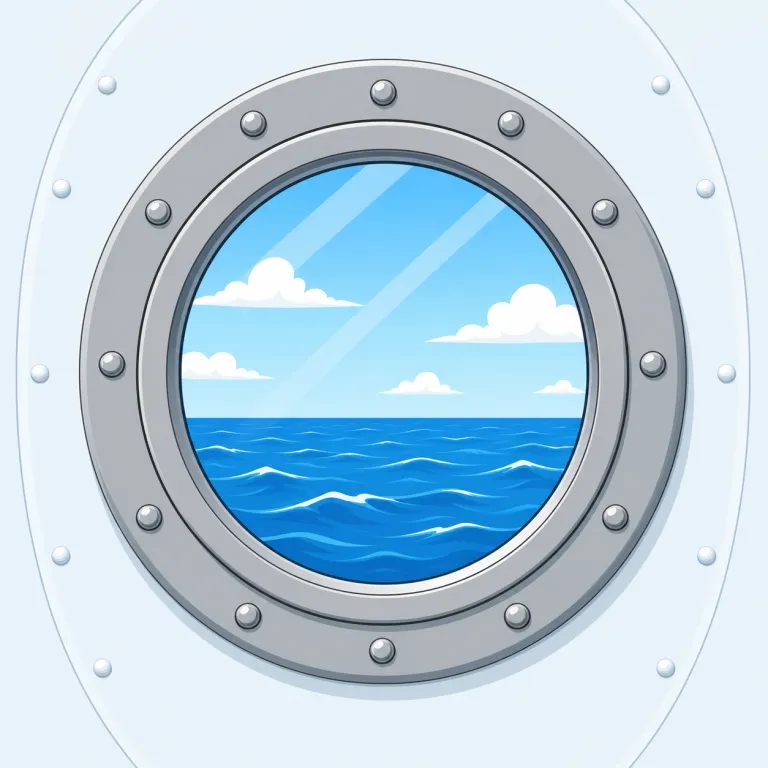 porthole（舷窓・名詞）の覚え方イラスト — porthole は port「港・船の出入り」と hole「穴」を手がかりに、船の側面にある厚い丸窓を思い浮かべると覚えやすい語です