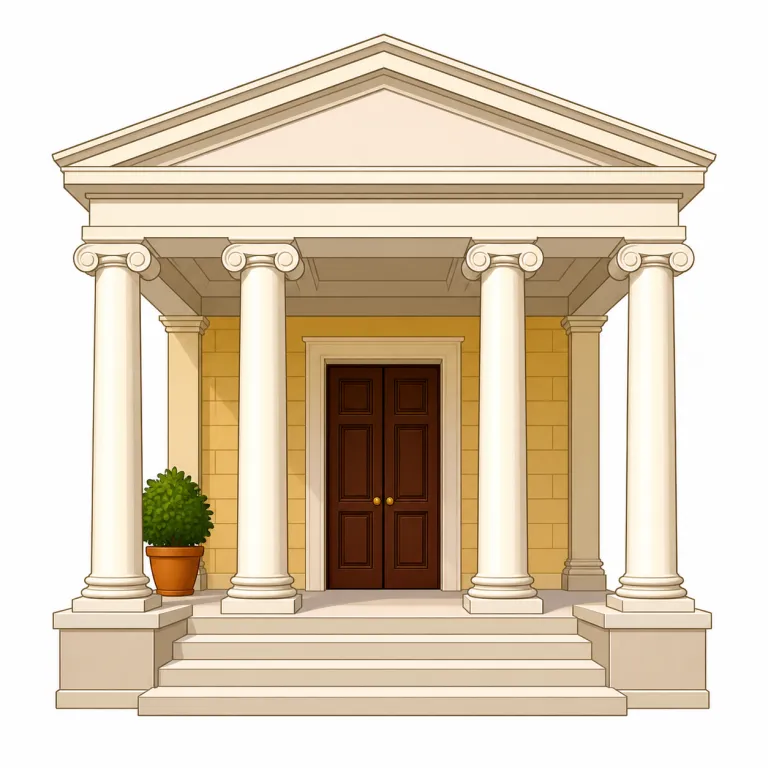 portico（柱廊玄関・名詞）の覚え方イラスト — porticoは、まず入口まわりの語としてportal（門・入口）やporch（玄関ポーチ）とセットで覚えると残りやすいです