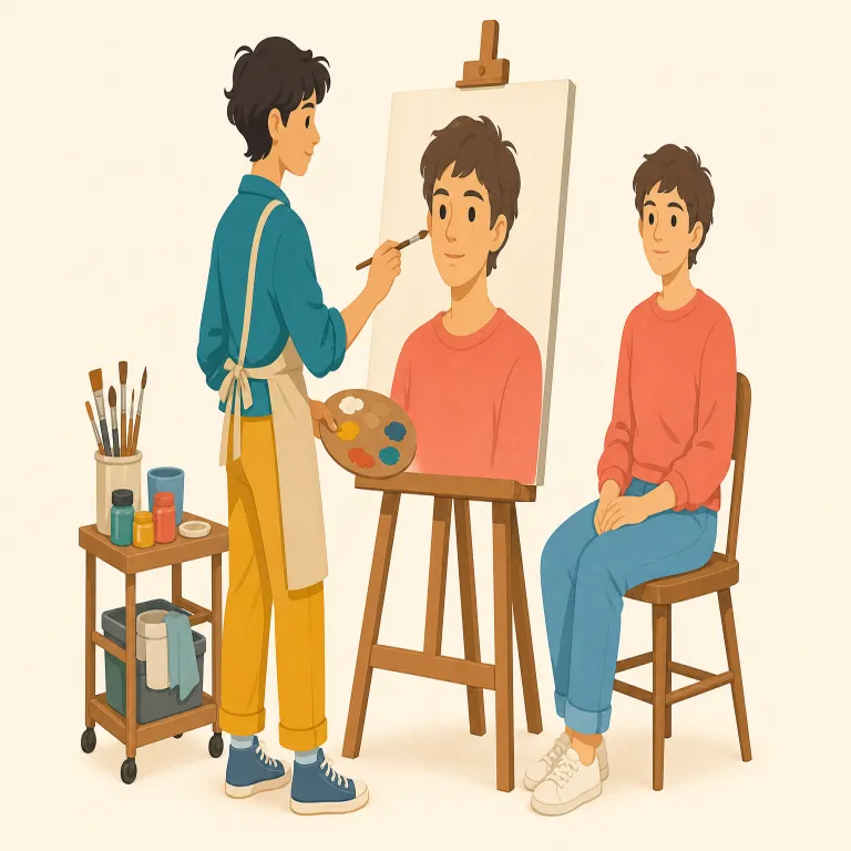 portraitist（肖像画家・名詞）の覚え方イラスト — portrait「肖像」に、artistやspecialistにも見られる-ist「〜をする専門家」が付いた語と分解すると覚えやすいでしょう