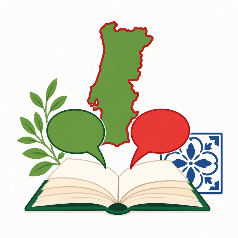 portuguese（ポルトガル語・名詞）の覚え方イラスト — 言語名の Portuguese は、people や food を修飾する形容詞ではなく、English や Spanish と同じく「言葉そのもの」を指します