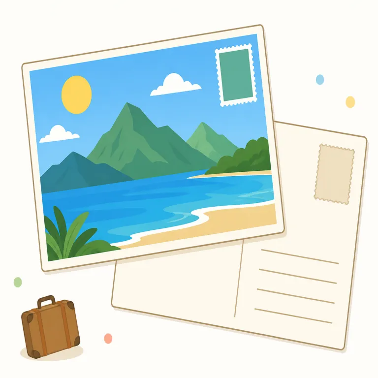 postcard（葉書・名詞）の覚え方イラスト — postcard は post「郵便」+ card「カード」で、そのまま『郵便で送るカード』と捉えると覚えやすいです