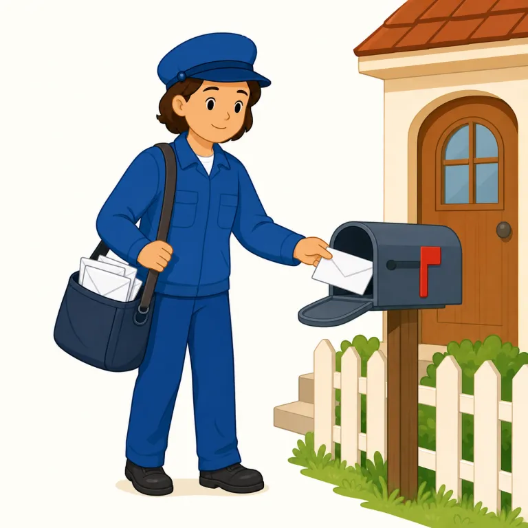 postman（郵便屋さん・名詞）の覚え方イラスト — postman は post「郵便」と man「人」で、そのまま『郵便を扱う人』と分解すると覚えやすい語です
