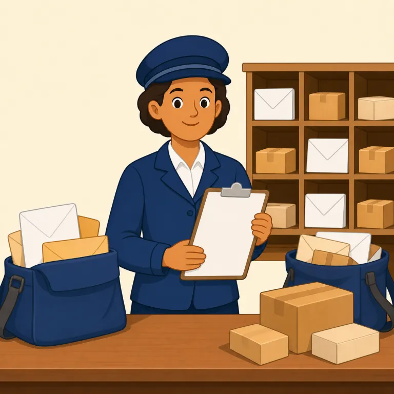 postmaster（郵便局長・名詞）の覚え方イラスト — postmaster の「郵便局長」は、post「郵便」と master「長、責任者」から、特定の郵便局を取り仕切る人を表す役職名として覚えるとよいです
