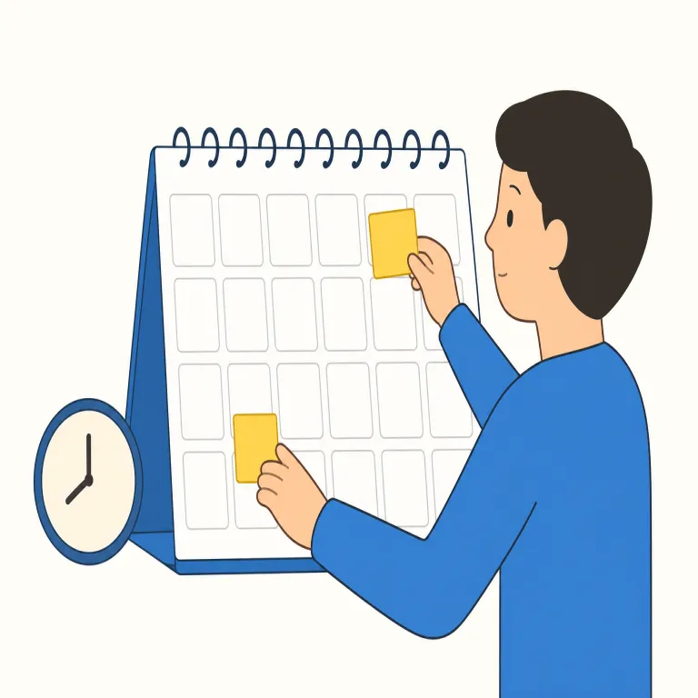 postpone（延期する・動詞）の覚え方イラスト — postpone の「延期する」は、予定されていた会議・式・実施日などを、後の日程へ正式にずらす用法です
