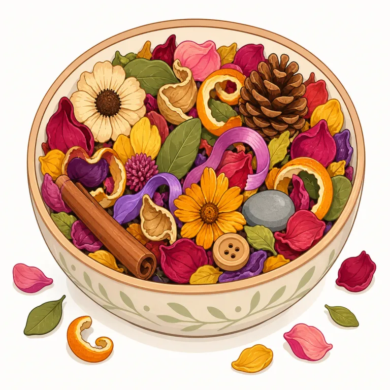 potpourri（ポプリ・名詞）の覚え方イラスト — potpourri は、日本語の「ポプリ」と同じく、乾燥した花びら、葉、ハーブ、香辛料などを混ぜて香りを楽しむものです