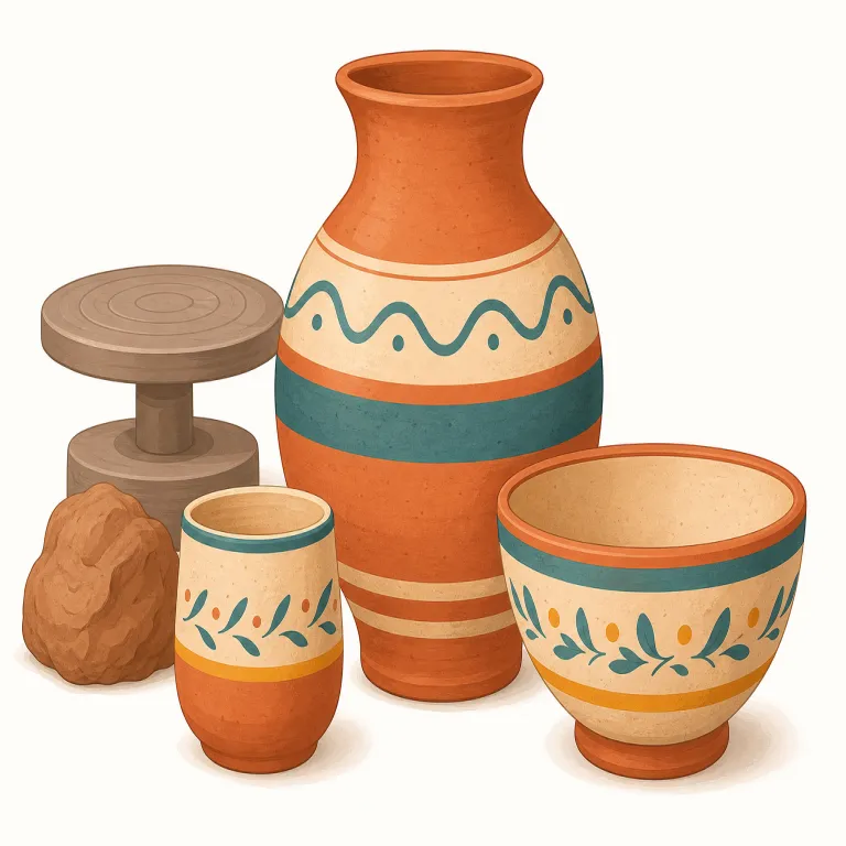 pottery（陶器・名詞）の覚え方イラスト — このエントリでは pottery を、作る活動ではなく「粘土を焼いてできた器や作品」として覚えます