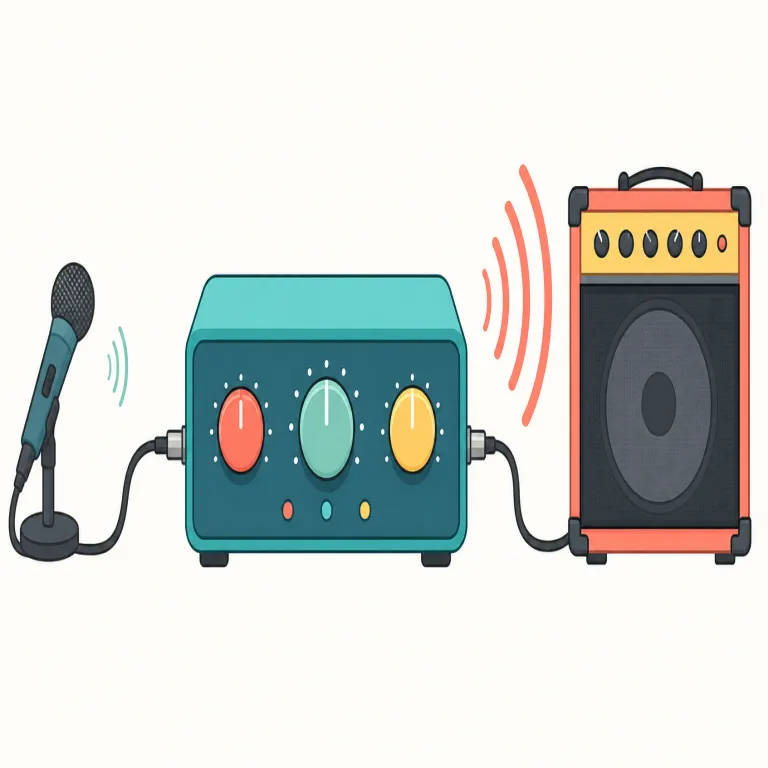 preamp（プリアンプ・名詞）の覚え方イラスト — このエントリの「プリアンプ」は、日本語でも音響・録音機材の名前としてそのまま使われるカタカナ語を覚えるためのものです