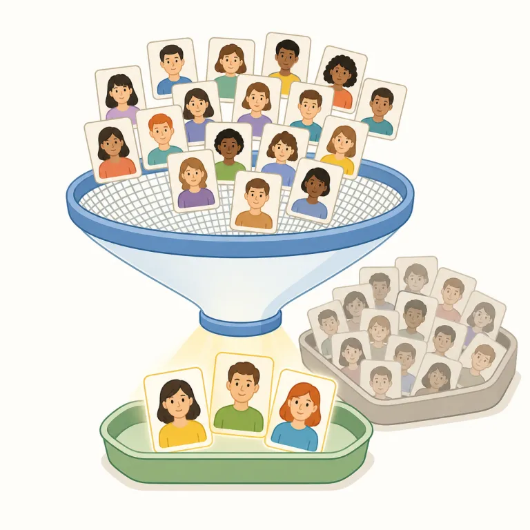 preselection（事前選択・名詞）の覚え方イラスト — preselection は pre-「前もって」+ selection「選択」と分けると、何かを使う前・提示する前にあらかじめ選んでおく行為として理解できます