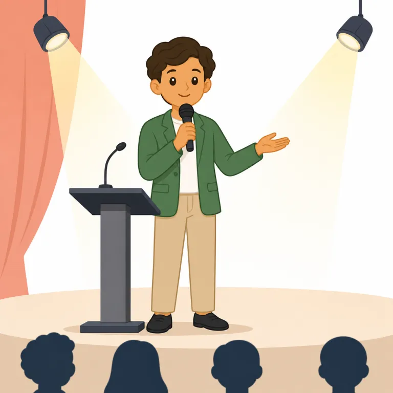 presenter（司会者、発表者・名詞）の覚え方イラスト — presenter は present「提示する・発表する」+ -er「する人」と見ると覚えやすいです
