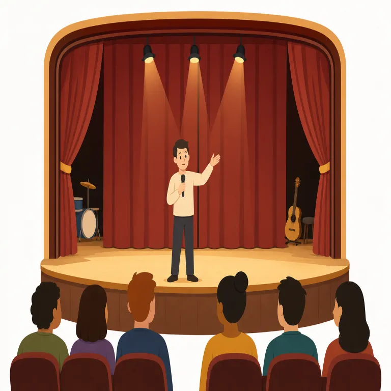 preshow（開演前の・形容詞）の覚え方イラスト — pre- を「前」、show を「本編」と切ると、preshow は「ショー前用の」と覚えられます
