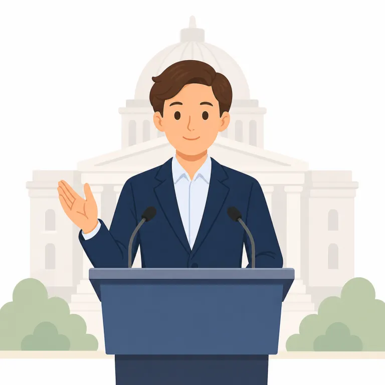 president（大統領・名詞）の覚え方イラスト — 国の president は、旗の前で宣誓し、国民に向けて演説する人物として覚えると明確です