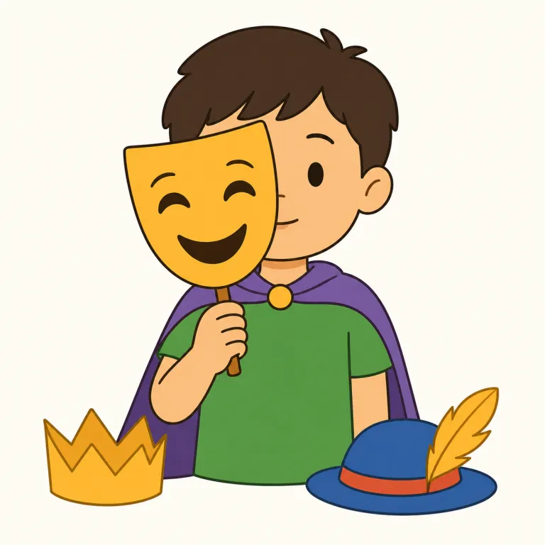 pretend（ふりをする・動詞）の覚え方イラスト — pretend は「本当ではない状態を見せる」