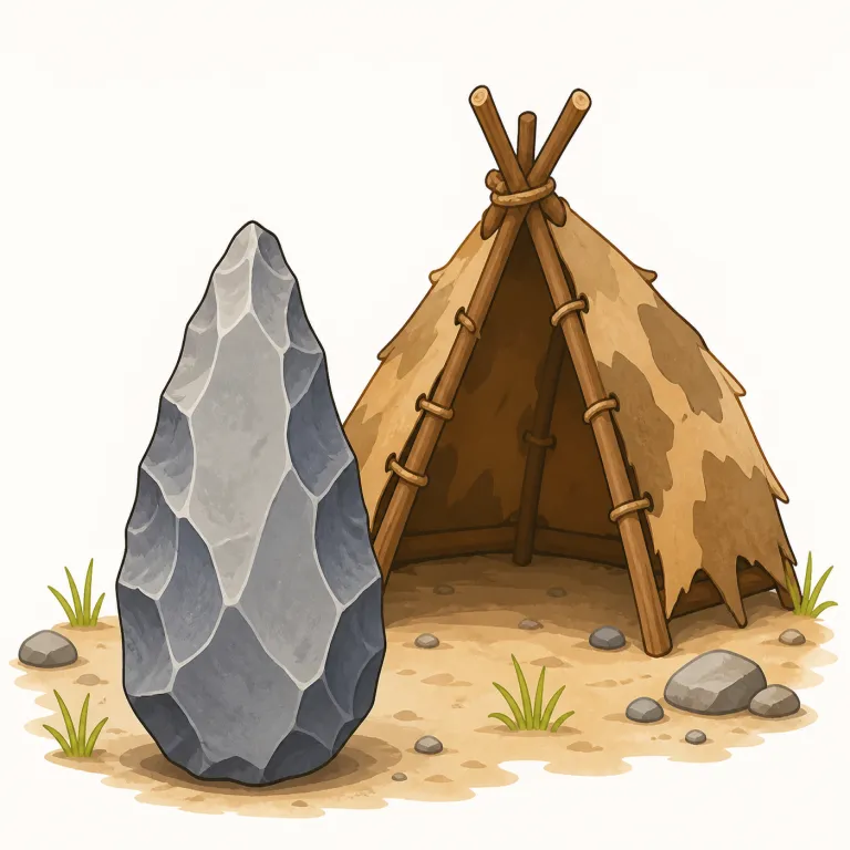 primitive（原始的な・形容詞）の覚え方イラスト — primitive は「原始的な」という意味で、人類史の初期段階や、文明・技術が進む前の道具や生活様式を表す時に使います