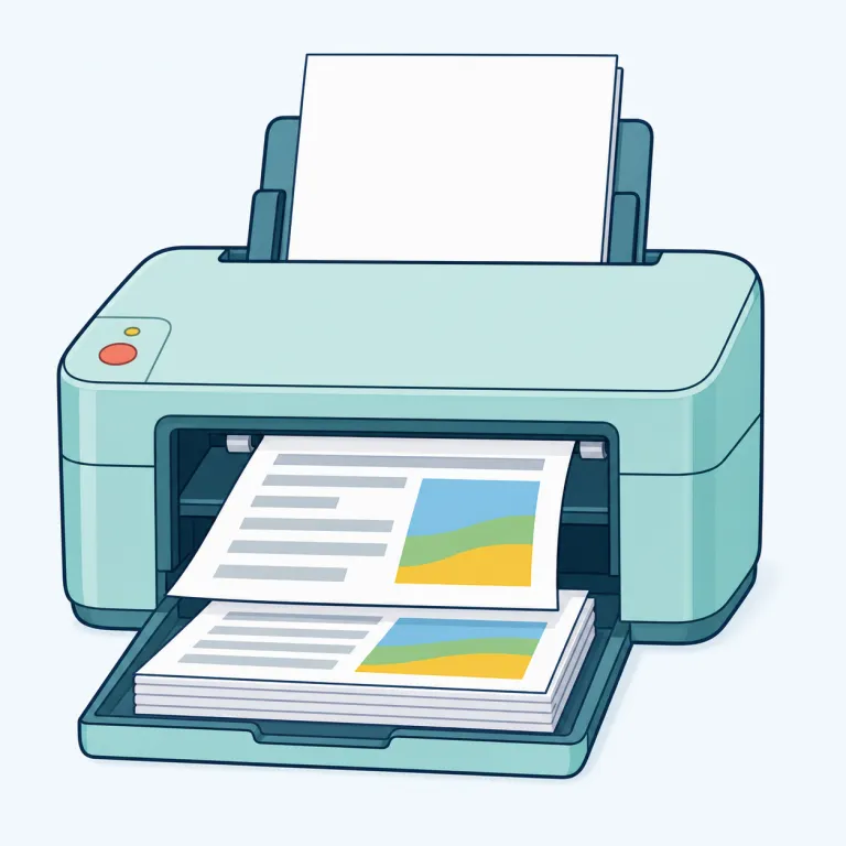 printout（印刷物・名詞）の覚え方イラスト — print「印刷する」＋out「外へ」で、デジタル情報を紙として機械の外へ出したもの、とイメージすると覚えやすい語です
