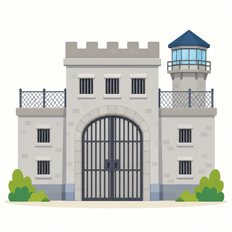 prison（刑務所・名詞）の覚え方イラスト — このエントリでは prison を、法律上の刑罰として受刑者が収容される「刑務所」という制度的な施設として覚えます