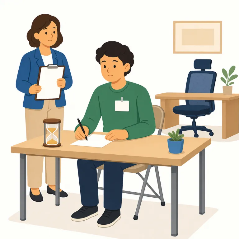 probationary（試用期間中・形容詞）の覚え方イラスト — probationary は、まず probation「試用期間・保護観察」を知って、その形容詞版だと押さえると覚えやすいです
