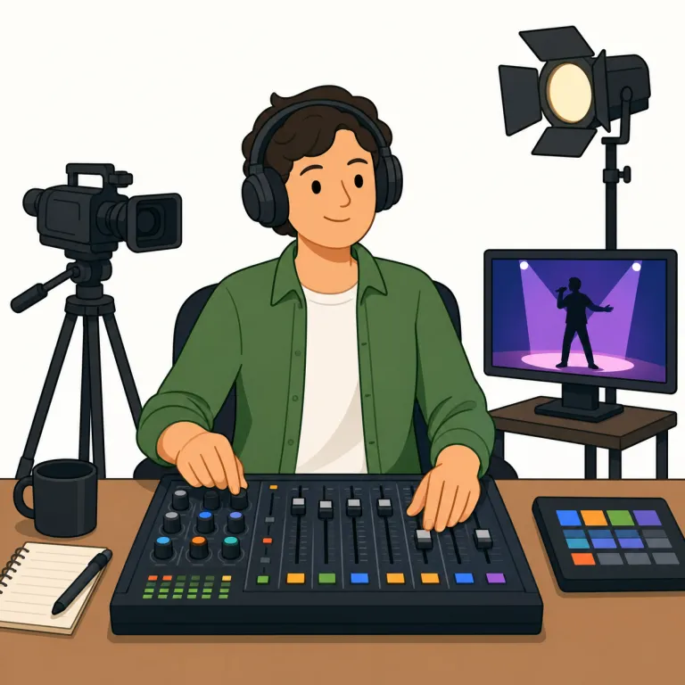 producer（プロデューサー・名詞）の覚え方イラスト — この意味の producer は、映画・テレビ・音楽などの制作を動かす「プロデューサー」です