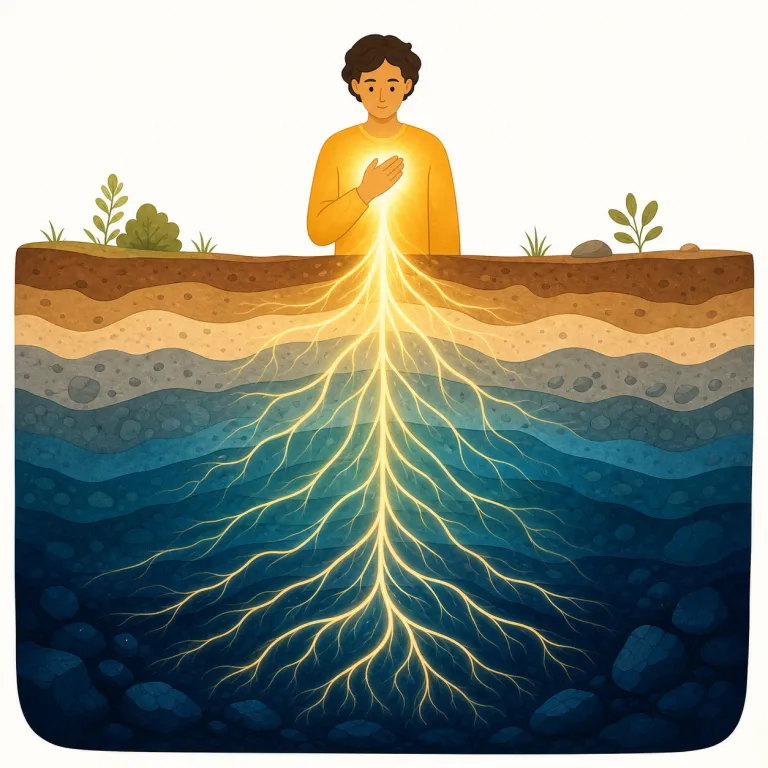 profoundly（深く・副詞）の覚え方イラスト — profoundly は形容詞 profound「深い、深遠な」から来た副詞で、感情・影響・変化などが表面にとどまらず核心まで及ぶ感じを表します