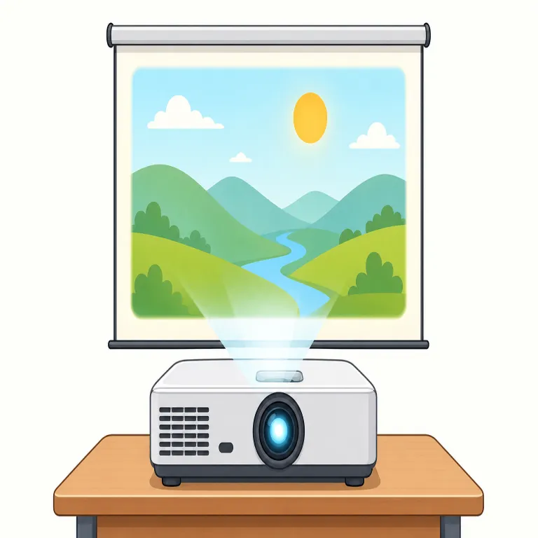 projector（プロジェクター・名詞）の覚え方イラスト — projector は project「前へ出す・映し出す」に、道具や人を表す -or が付いた語です