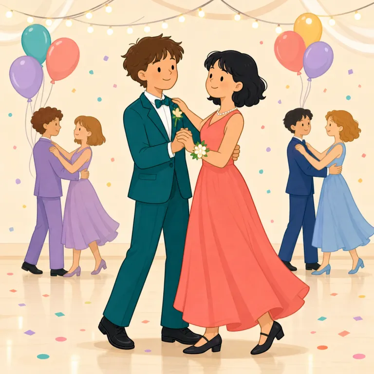 prom（卒業舞踏会・名詞）の覚え方イラスト — prom は長い promenade を短くした語だと覚えると定着しやすい