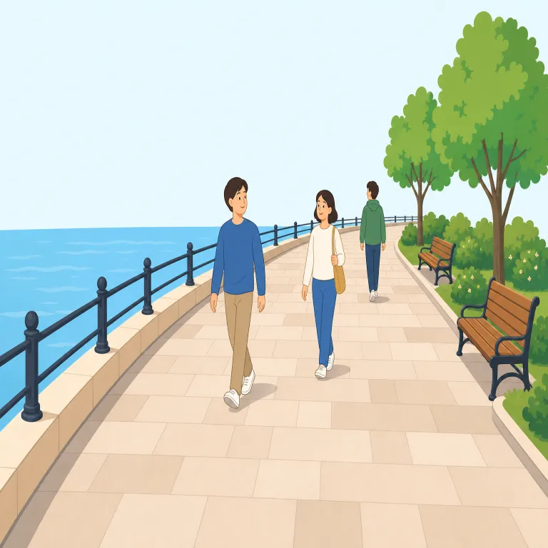 promenade（遊歩道・名詞）の覚え方イラスト — まず「散歩して景色を楽しむ場所」という場面で覚えると定着しやすい語です