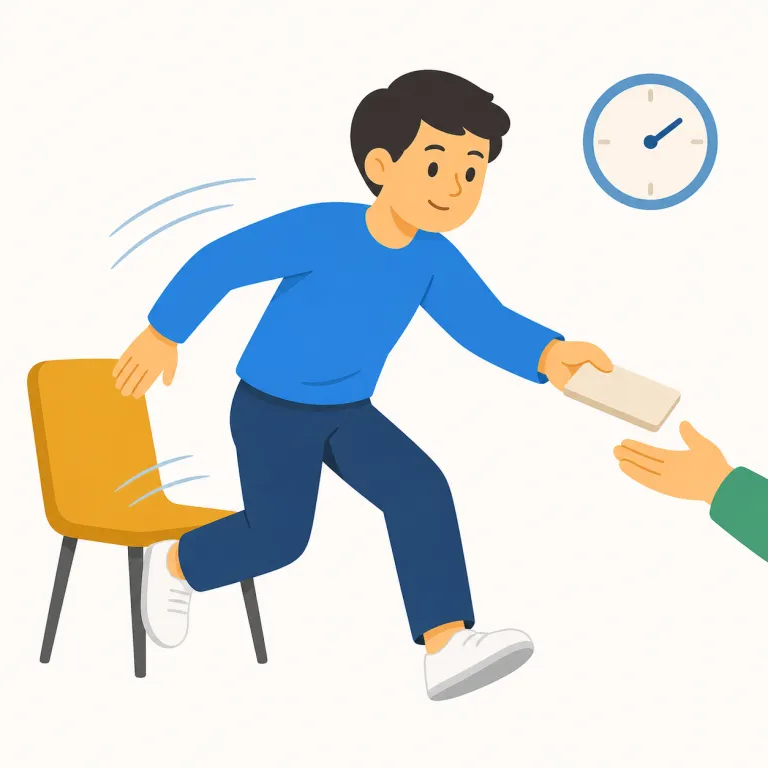 promptly（すぐに・副詞）の覚え方イラスト — このエントリでは promptly を「すぐに」という、動作が起こる時点に注目した意味として覚えます