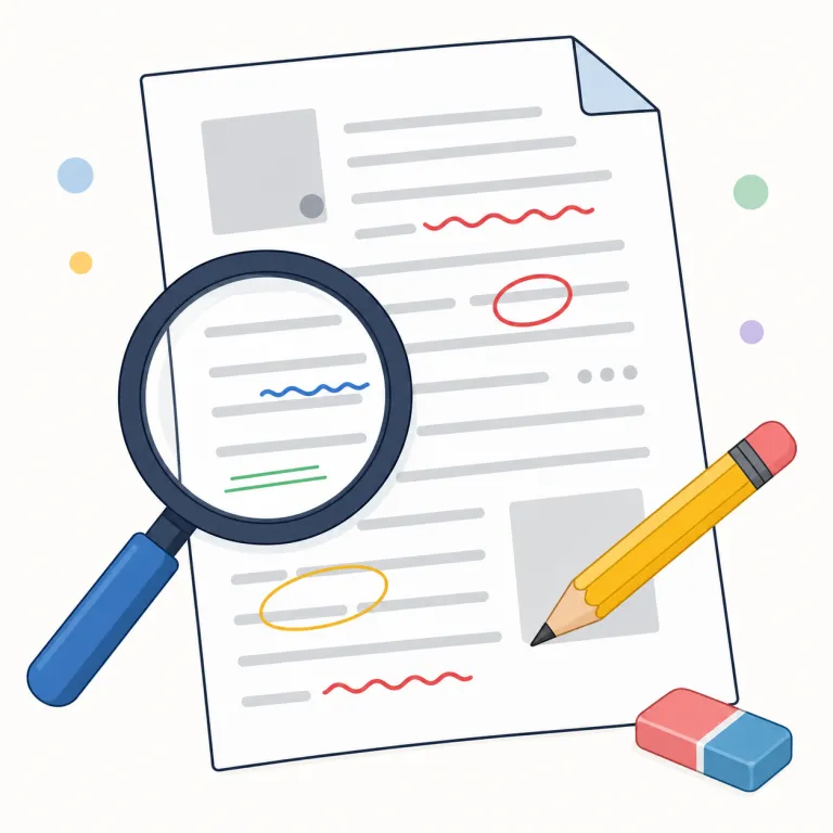 proofread（校正する・動詞）の覚え方イラスト — proofread は read「読む」に、完成前の原稿を確認する場面が重なった語として覚えるとよいです