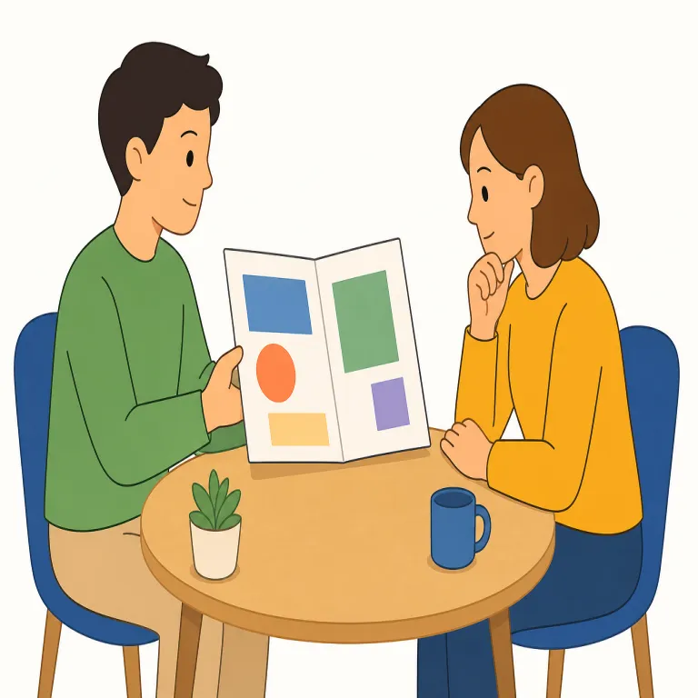 proposal（提案・名詞）の覚え方イラスト — proposal は propose「提案する」の名詞形で、会議・企画・制度・研究などで検討してもらうために出す「提案」を表します
