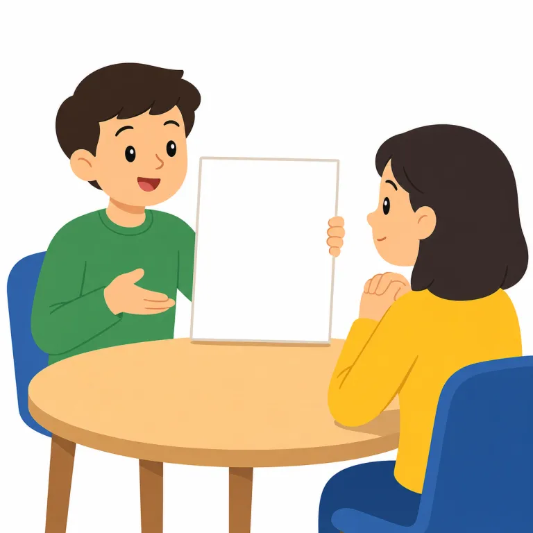 propose（提案する・動詞）の覚え方イラスト — propose を「案を相手の前に置く」と考えると、「提案する」の意味が独立して覚えやすくなります