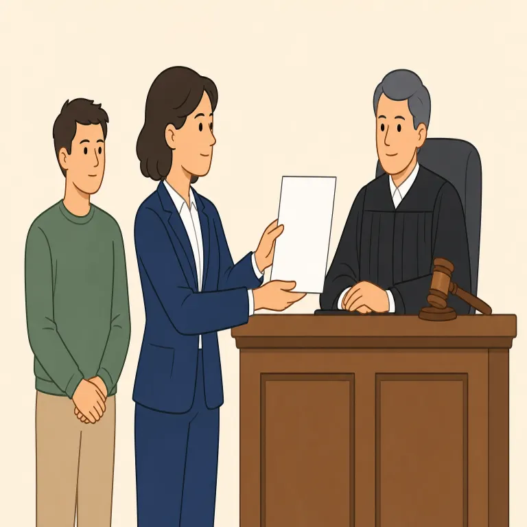 prosecute（起訴する・動詞）の覚え方イラスト — prosecute のこの意味は、犯罪を法廷で正式に扱う「起訴する」