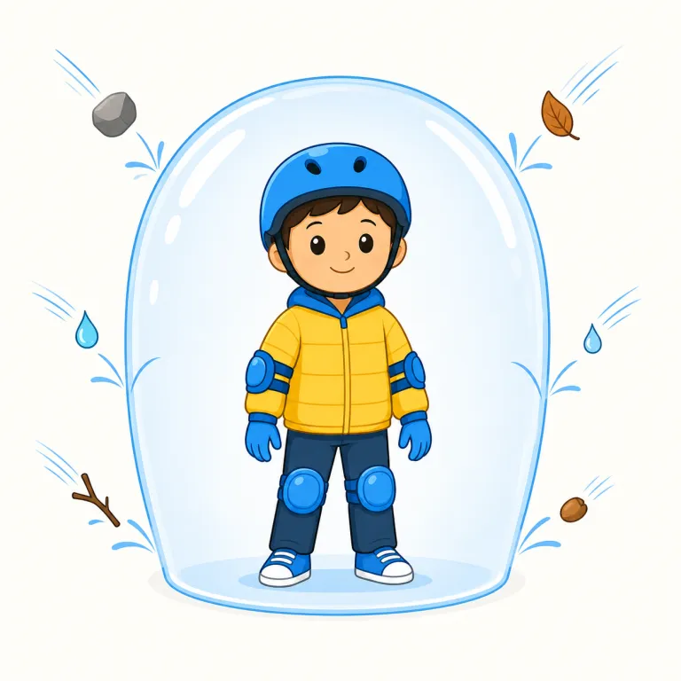protective（保護的な・形容詞）の覚え方イラスト — この項目の protective は「保護する・保護用の」という機能説明ではなく、人の態度や性格が「相手を守ろうとする、かばうような」方向に出る意味として覚える