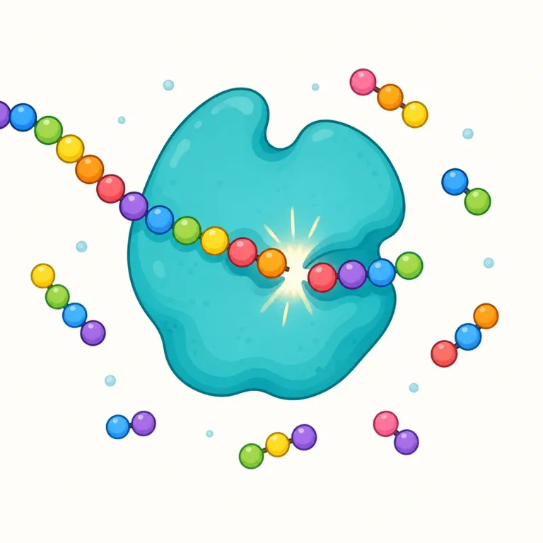 proteolytic（タンパク質分解性の・形容詞）の覚え方イラスト — proteolytic は proteo-「protein、タンパク質」と -lytic「分解する」を合わせて、「タンパク質を分解する性質を持つ」と分けて覚えます