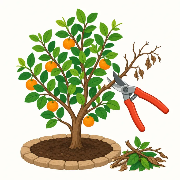 pruning（剪定・名詞）の覚え方イラスト — pruning は prune の -ing 形で、「枝を切って整える作業」として覚えると定着しやすい語です