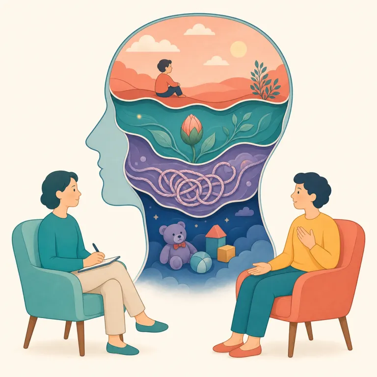 psychoanalytic（精神分析的な・形容詞）の覚え方イラスト — まず `analytic` を見て「分析する感じ」とつかみ、そこに `psycho-`（psychology, psychiatrist で見かける“心・精神”の…