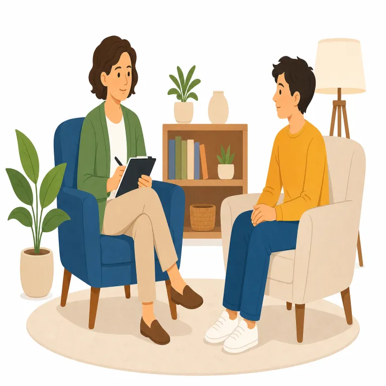 psychotherapist（心理療法士・名詞）の覚え方イラスト — psychotherapist は長いですが、`psycho + therapist` に切ると覚えやすいです