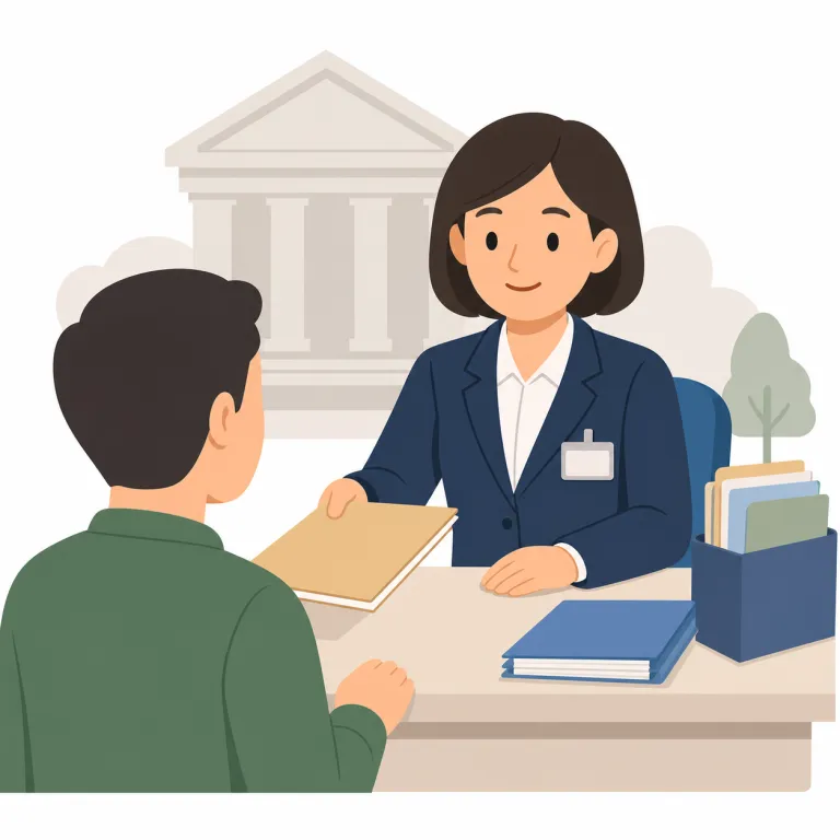 public official（公務員・名詞）の覚え方イラスト — public は private の反対で「公の」、official は official announcement などで見かける「正式な・公認の」