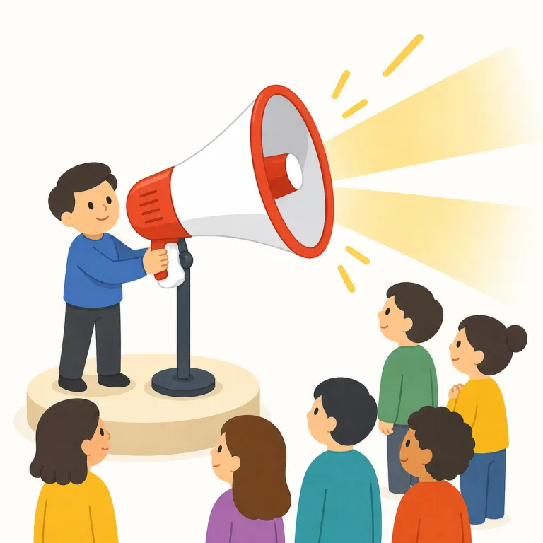 publicity（宣伝・名詞）の覚え方イラスト — この意味の publicity は、「人々に知らせて広めるための活動」として覚える