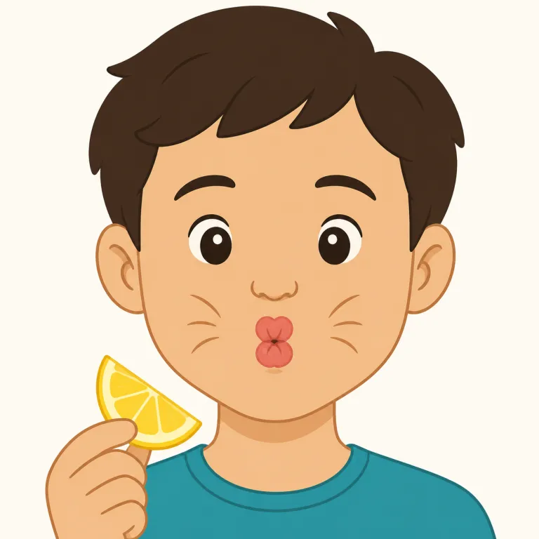 pucker（（口などを）すぼめる・動詞）の覚え方イラスト — pucker は「表面の一部が一点にきゅっと寄る」絵で覚えると残りやすい語です