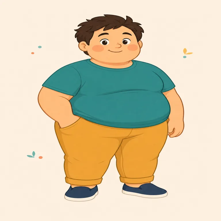 pudgy（ずんぐりした・形容詞）の覚え方イラスト — pudgy は fat よりやわらかく、悪口感も弱めで、子ども・ほっぺ・指などの「ぽてっと丸い」見た目に使いやすい語