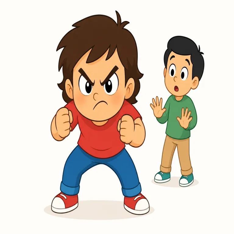 pugnacious（好戦的な・形容詞）の覚え方イラスト — pugnacious は、単に strong ではなく「すぐけんか腰になる性質」を表す形容詞