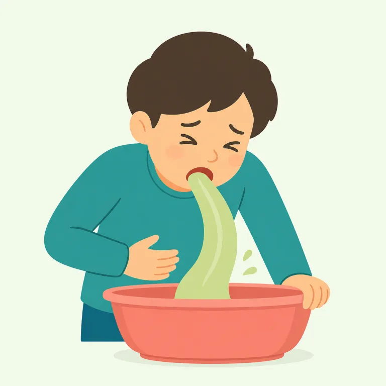 puke（吐く・動詞）の覚え方イラスト — pukeはvomit「吐く」と同じ内容を表すが、よりくだけた口語で響きも直接的