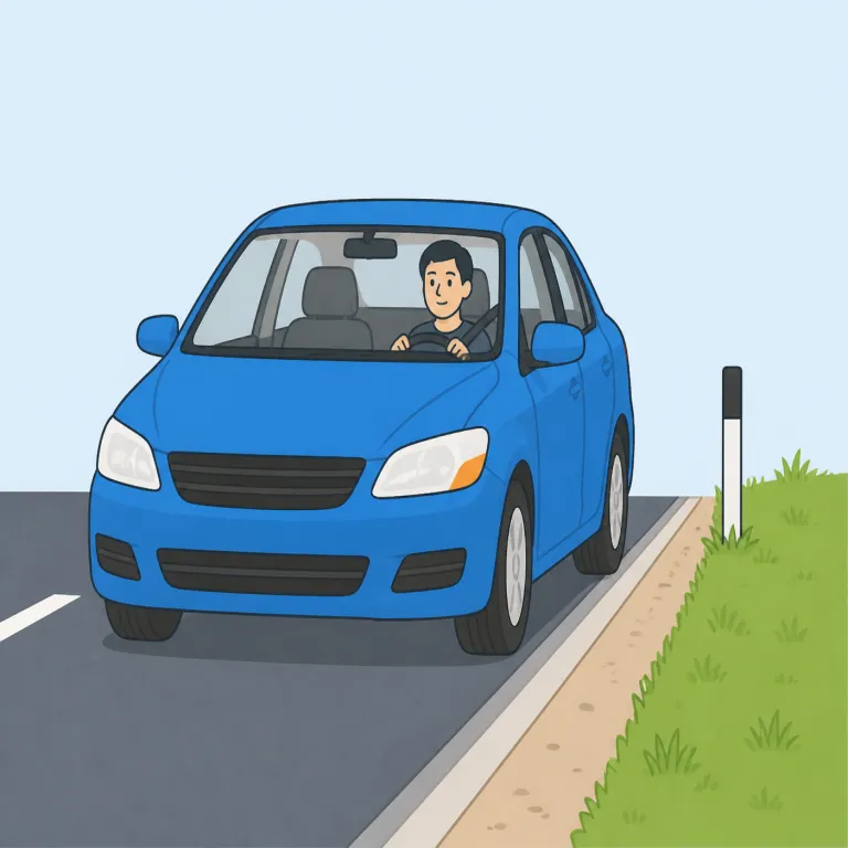 pull over（路肩に寄せる・句動詞）の覚え方イラスト — pull=「引く」を知っていれば、車を走行レーンから横へ引いて端に寄せる絵で覚えやすいです