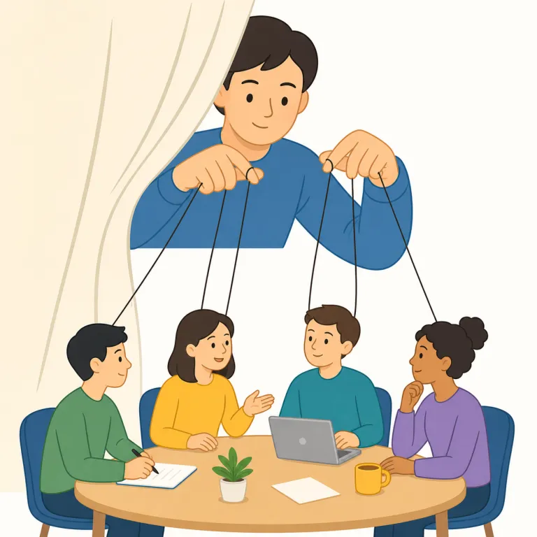 pull strings（裏で手を回す・イディオム）の覚え方イラスト — このエントリでは、pull strings を「コネを使う」という基本義ではなく、「表に出ずに物事を動かす、裏で手を回す」という強めの意味で覚えます