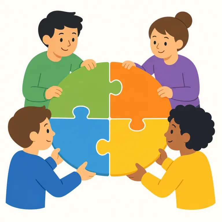 pull together（協力する・句動詞）の覚え方イラスト — この意味では、複数の人がばらばらに動くのではなく、同じ方向へ力を合わせて引く場面を思い浮かべる