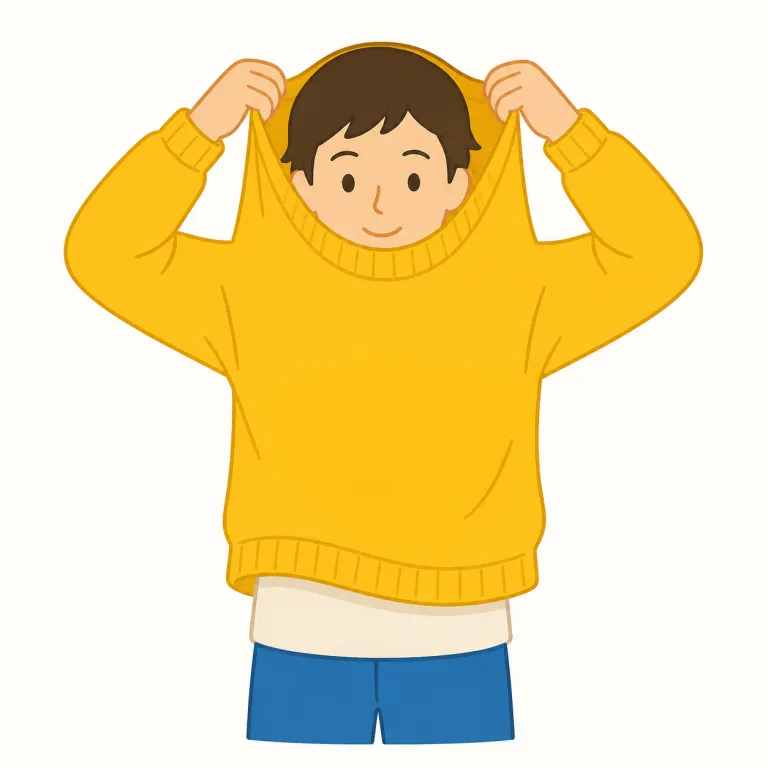 pullover（プルオーバー、頭からかぶって着るセーター・名詞）の覚え方イラスト — pull と over を知っていれば、「上から引いてかぶる服」と連想すると定着しやすいです