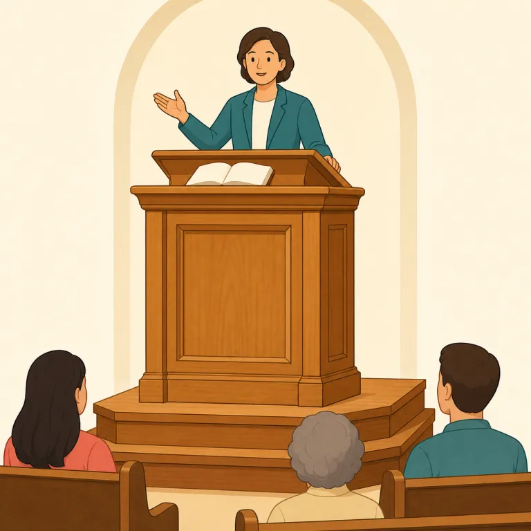 pulpit（説教壇・名詞）の覚え方イラスト — 教会で話す高い台、と場面ごと覚えるのが近道です