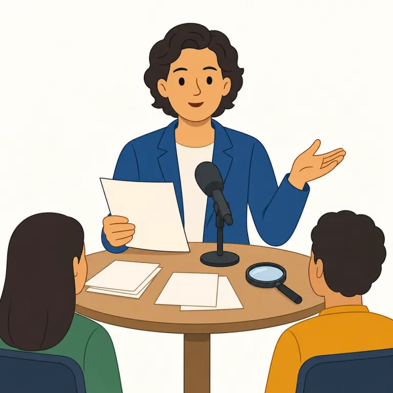 pundit（評論家・名詞）の覚え方イラスト — expert や scholar が「詳しい人そのもの」なら、pundit は「詳しさを土台に、世の中に向けて見解を語る人」と押さえると覚えやすいです